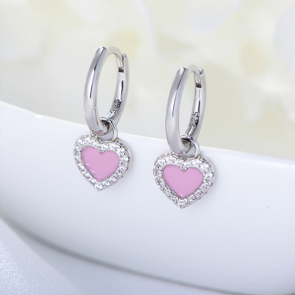 CZ Zircon Pink Enamel Earrings 14k 18K Gold Plating Heart love Drop Earrings