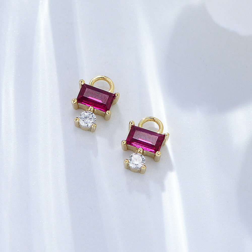 Simple Design CZ Zircon Rectangular Red Corundum Hoop Huggies Earrings
