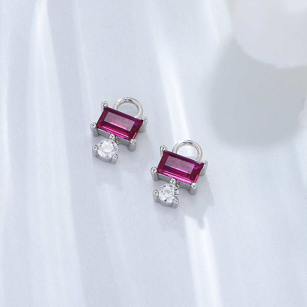 Simple Design CZ Zircon Rectangular Red Corundum Hoop Huggies Earrings