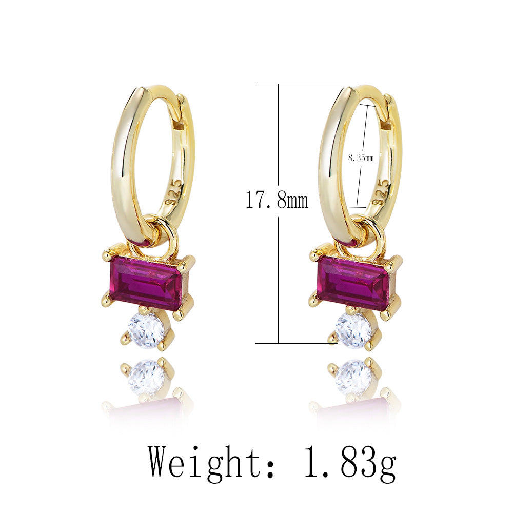 Simple Design 14K 18K 925 Sterling Silver CZ Zircon Rectangular Red Corundum Hoop Huggies Earrings