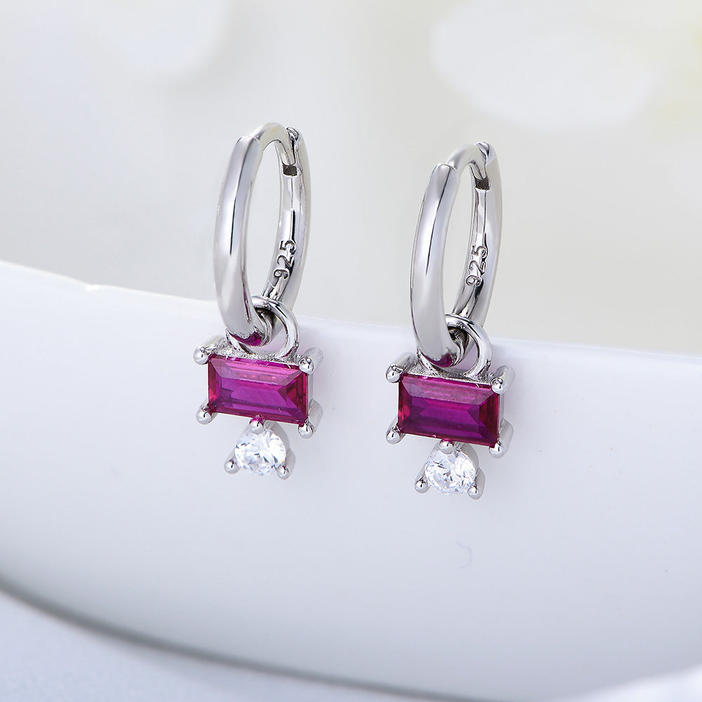 Simple Design CZ Zircon Rectangular Red Corundum Hoop Huggies Earrings