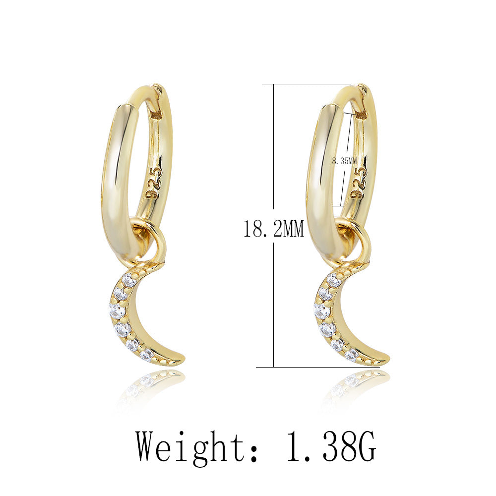 925 Sterling Silver 14k Gold Plated Zircon Moon Hoop Earrings