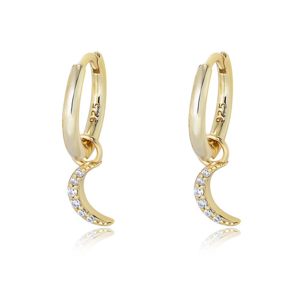 925 Sterling Silver 14k Gold Plated Zircon Moon Hoop Earrings