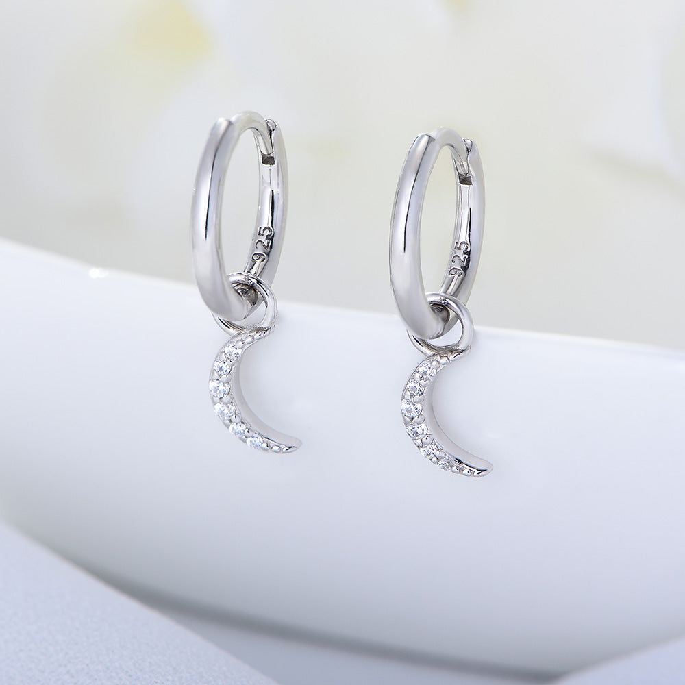 925 Sterling Silver 14k Gold Plated Zircon Moon Hoop Earrings