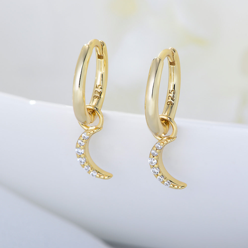 925 Sterling Silver 14k Gold Plated Zircon Moon Hoop Earrings