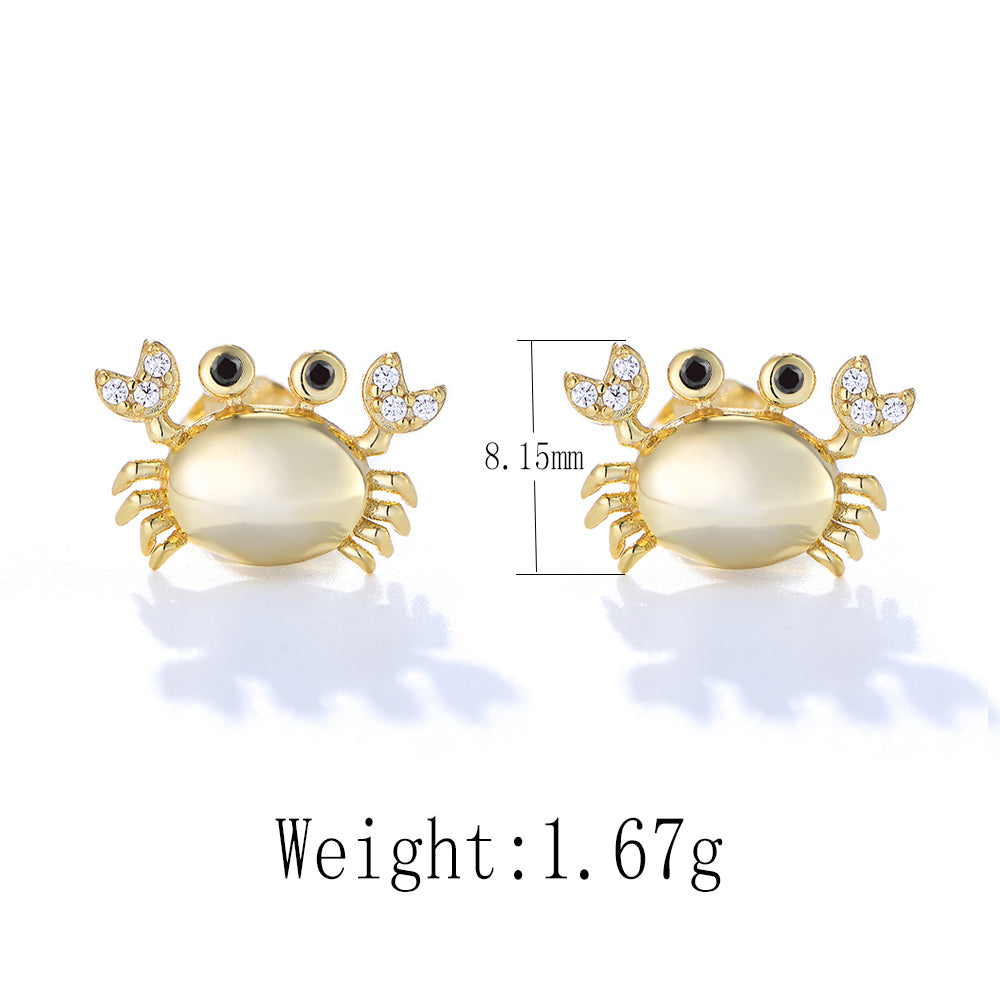 Cute Micro Bezel Zircon Cancer 14K Gold Plated 925 Silver Crab Stud Earring