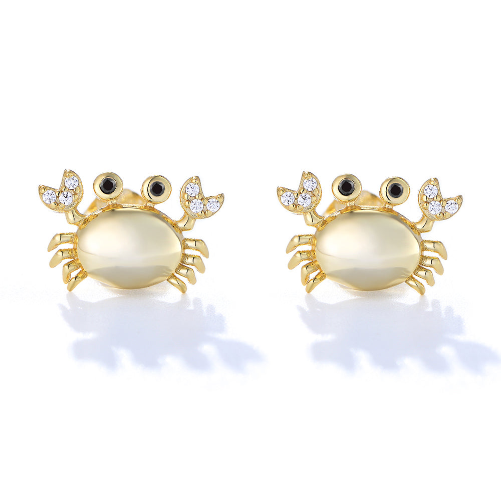 Cute Micro Bezel Zircon Cancer 14K Gold Plated 925 Silver Crab Stud Earring