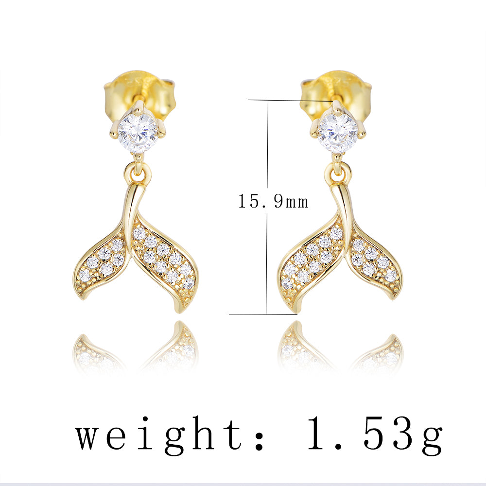 925 Sterling Silver Gold Plated Fish Tail Cubic Zircon Stud Earrings