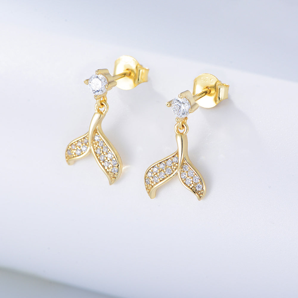 925 Sterling Silver Gold Plated Fish Tail Cubic Zircon Stud Earrings