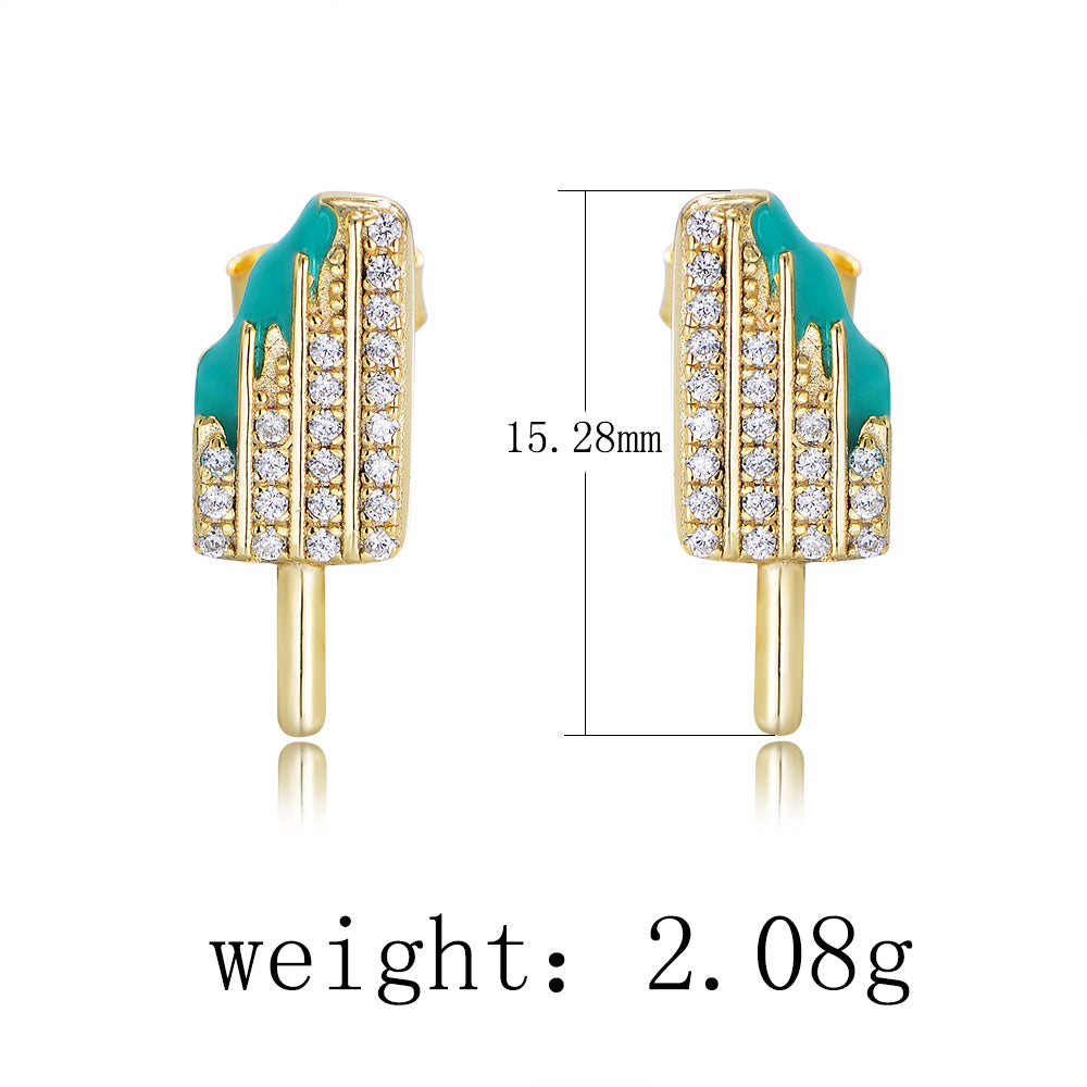 14K Gold Plated 925 Sterling Silver Zircon Enamel Ice Cream Popsicle Stud Earring