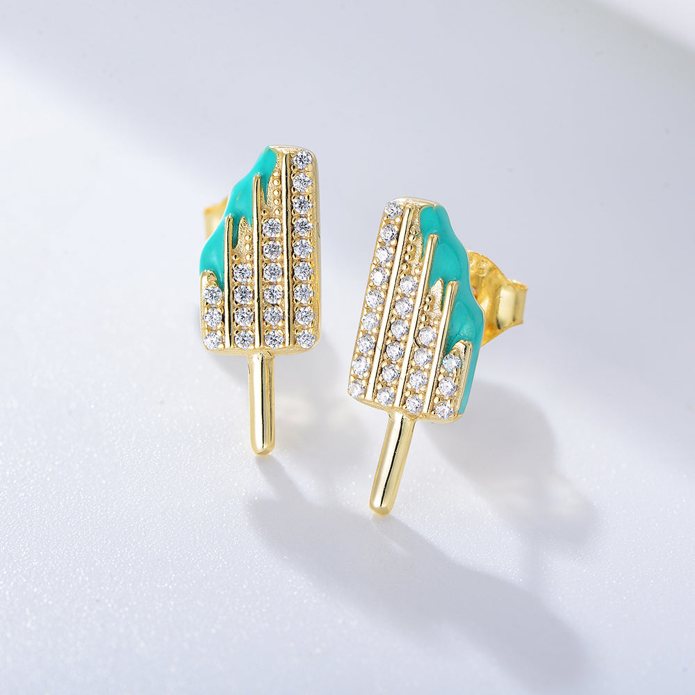 14K Gold Plated 925 Sterling Silver Zircon Enamel Ice Cream Popsicle Stud Earring