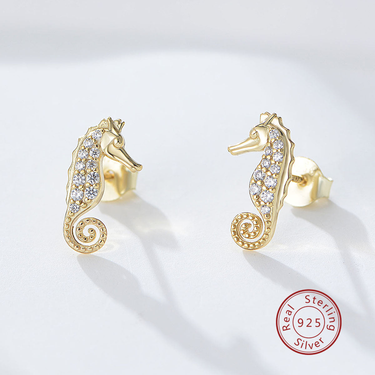 Fashion Jewelry S925 Silver 14K Gold Plated Zircon Sea Horse Stud Earrings