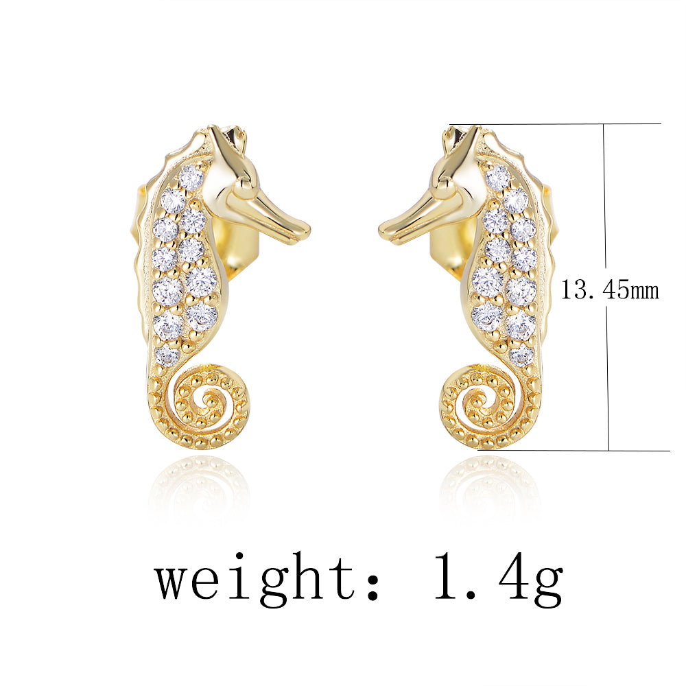 Fashion Jewelry S925 Silver 14K Gold Plated Zircon Sea Horse Stud Earrings