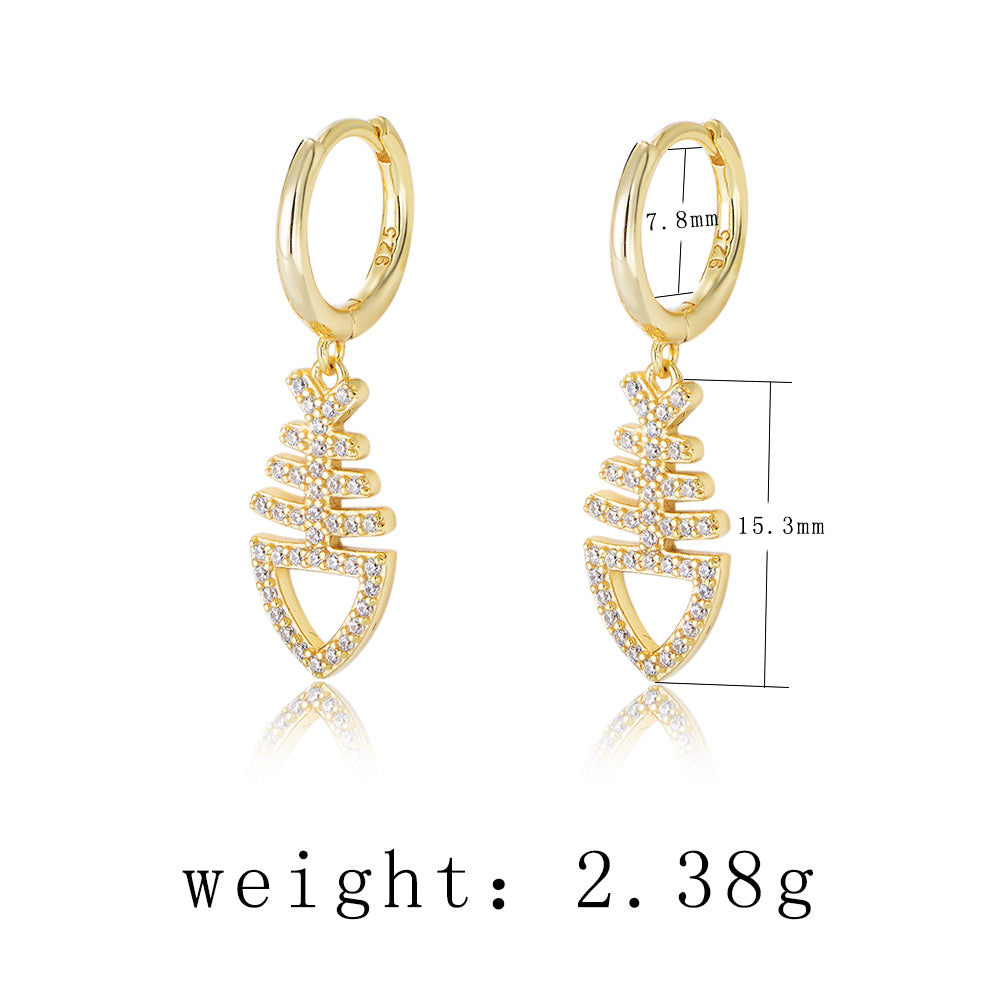 Fashion Gold Plated Cubic Zirconia Fishbone Charm Huggie Silver Earring