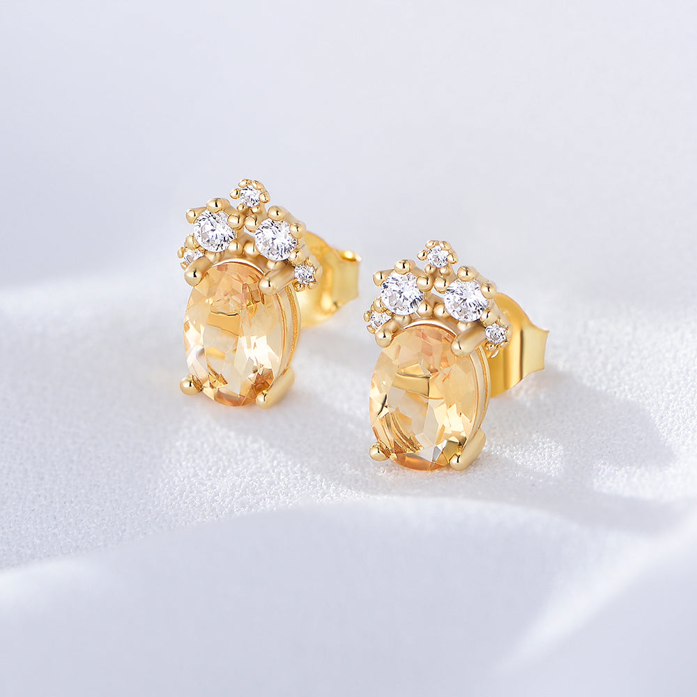 Delicate Simple Fine Jewelry Oval Natural Citrine Gemstone 925 Sterling Silver Zircon Stud Earrings