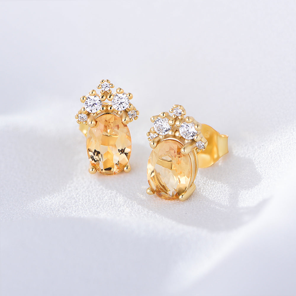 Delicate Simple Fine Jewelry Oval Natural Citrine Gemstone 925 Sterling Silver Zircon Stud Earrings