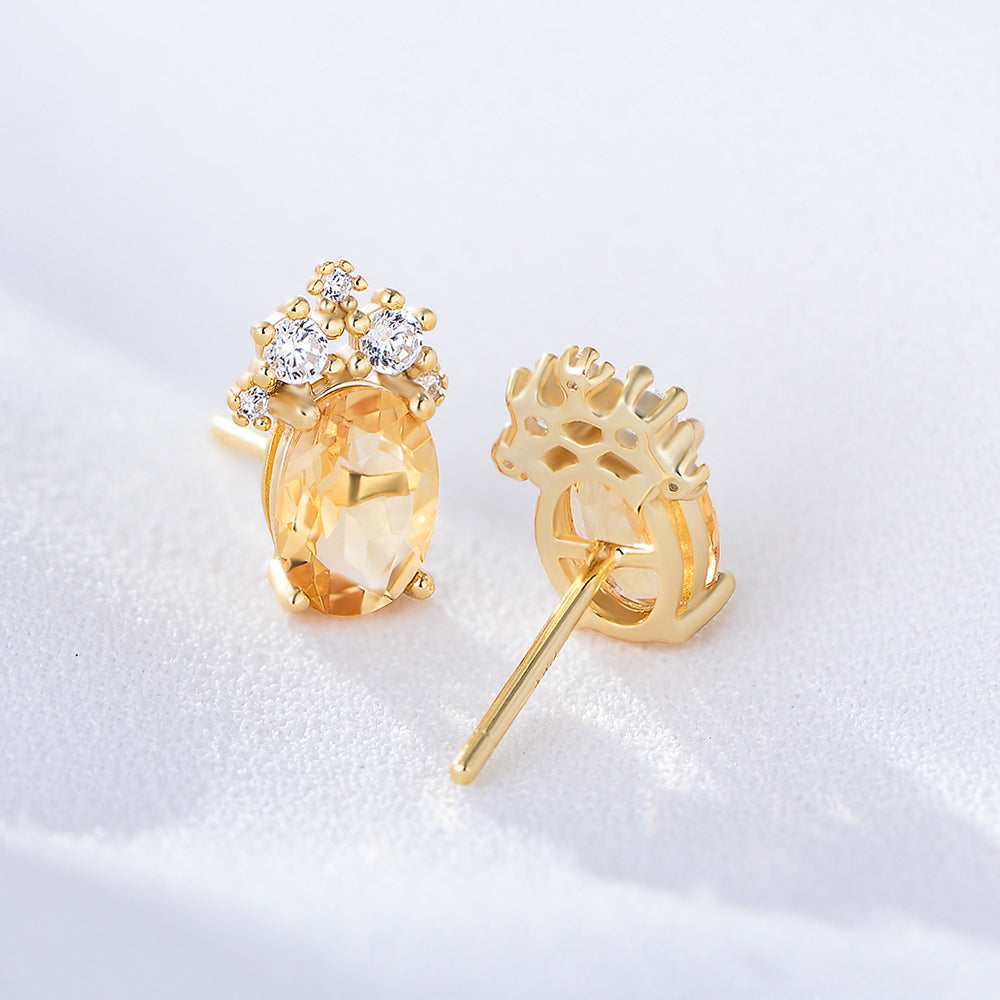 Delicate Simple Fine Jewelry Oval Natural Citrine Gemstone 925 Sterling Silver Zircon Stud Earrings
