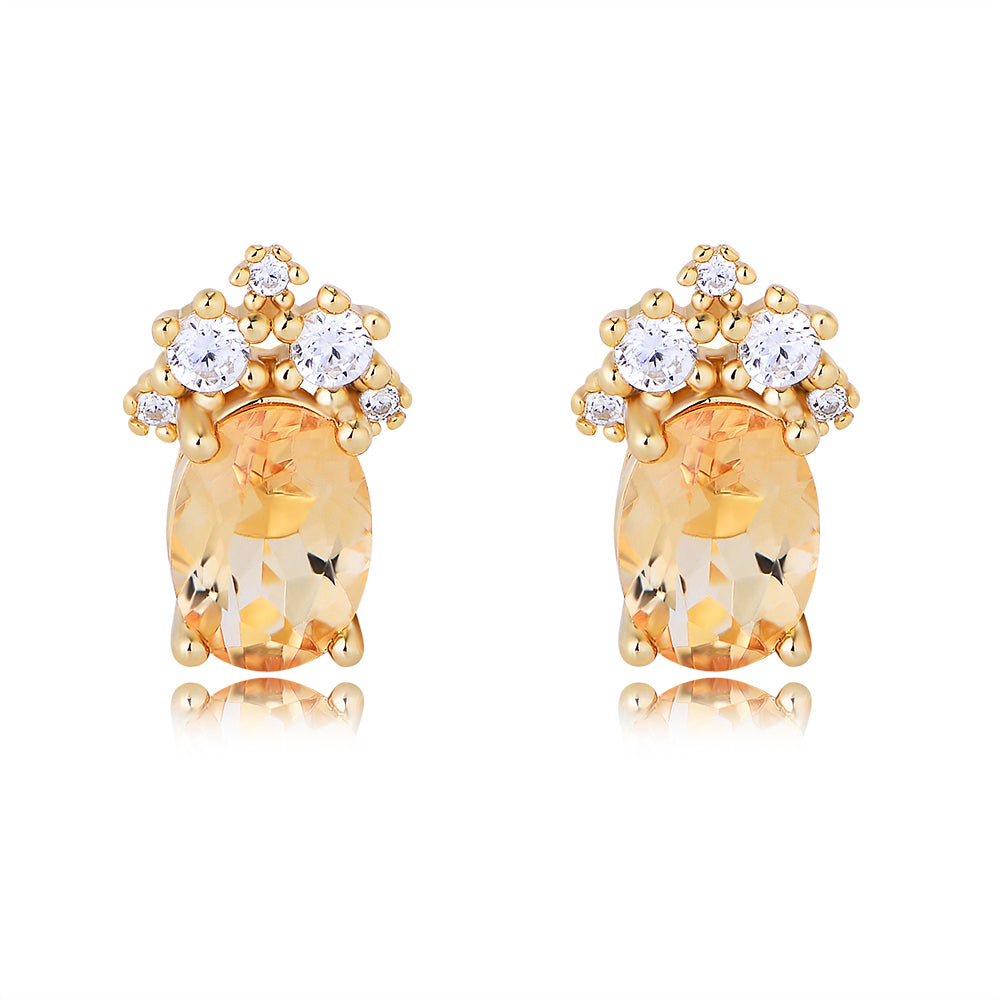 Delicate Simple Fine Jewelry Oval Natural Citrine Gemstone 925 Sterling Silver Zircon Stud Earrings