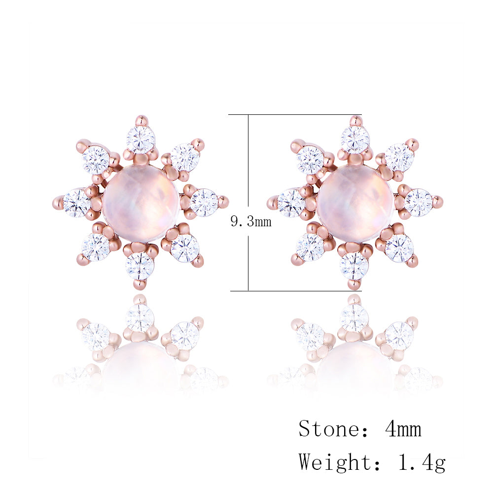 Fashion Jewelry 925 Sterling Silver Rose Gold Plated Sunflower Moonstone Stud Earrings