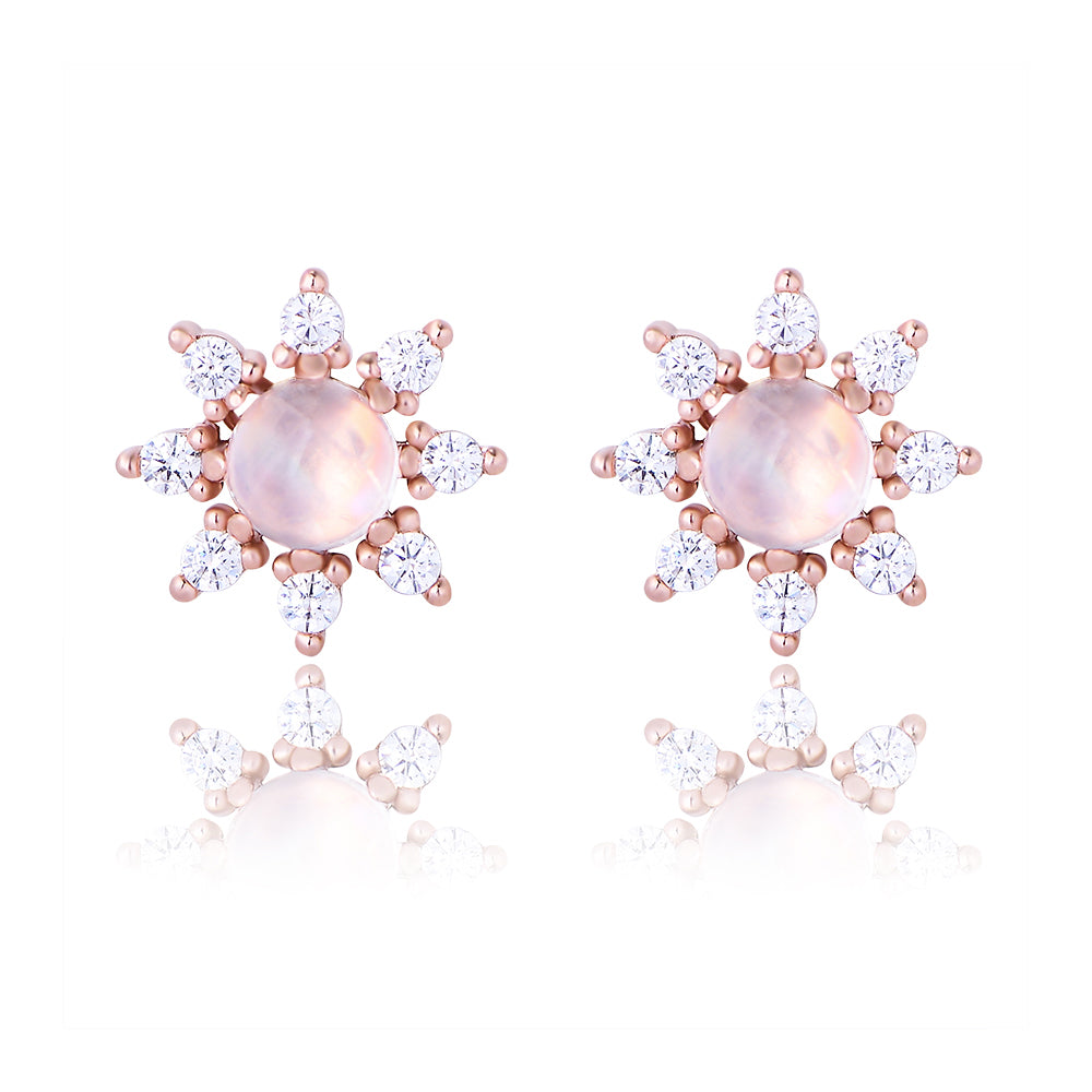 Fashion Jewelry 925 Sterling Silver Rose Gold Plated Sunflower Moonstone Stud Earrings