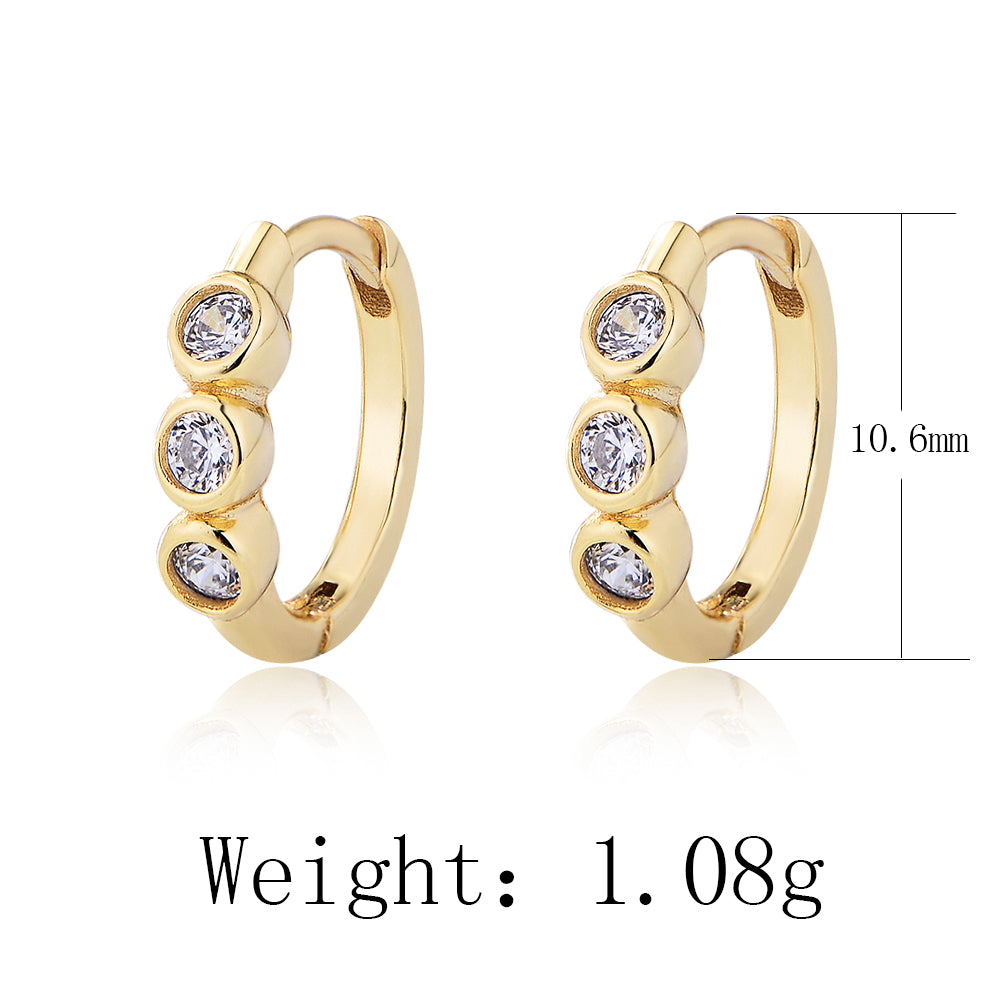 Minimalist Jewelry 925 Sterling Silver 14K Gold Plated Three Stone Cubic Zircon Huggie Earrings