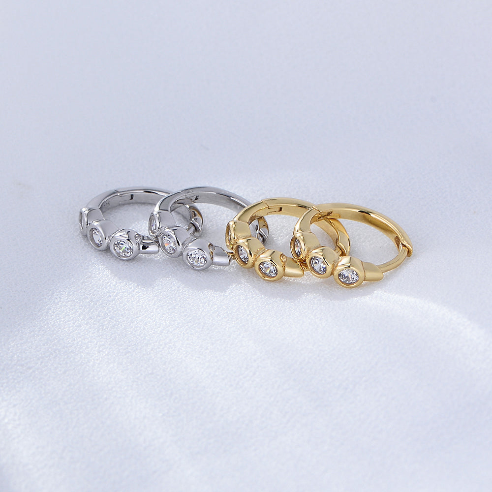 Minimalist Jewelry  Three Stone Cubic Zircon Huggie Earrings