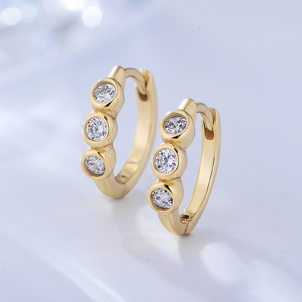 Minimalist Jewelry 925 Sterling Silver 14K Gold Plated Three Stone Cubic Zircon Huggie Earrings