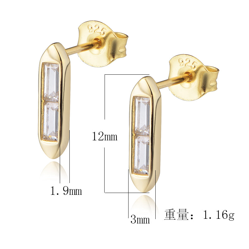 Statement Fashion Silver Jewelry 14K Gold Plated Minimalist Cute Geometric Square Bar Inlaid Zircon Earrings