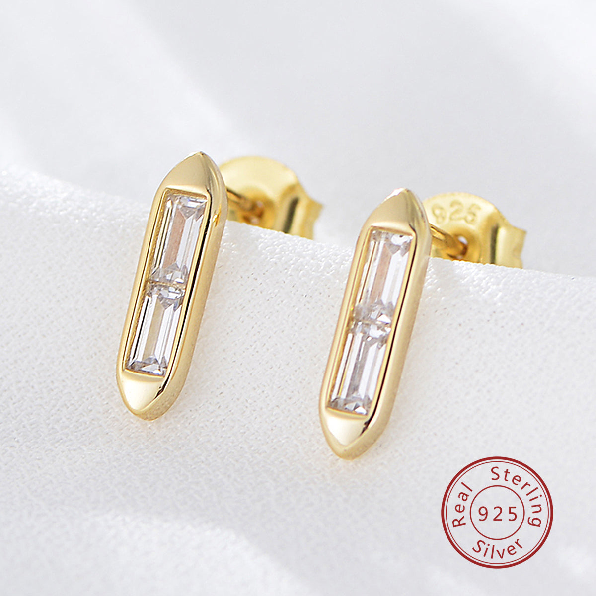 Statement Fashion Silver Jewelry 14K Gold Plated Minimalist Cute Geometric Square Bar Inlaid Zircon Earrings