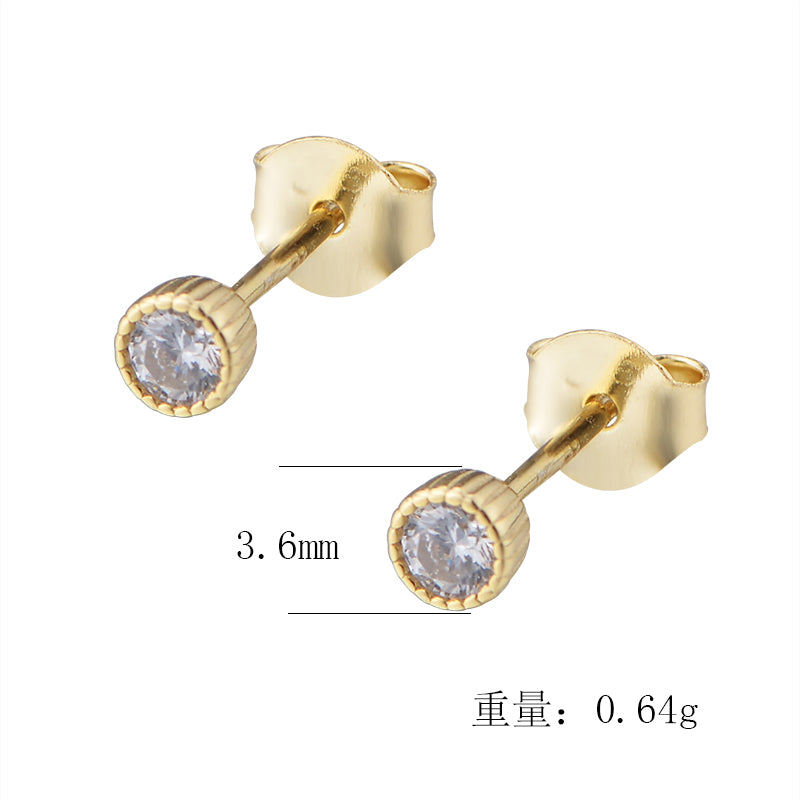 Ins High Quality Minimalist 14K Gold Plated Bezel Setting Zircon 925 Silver Stud Earrings