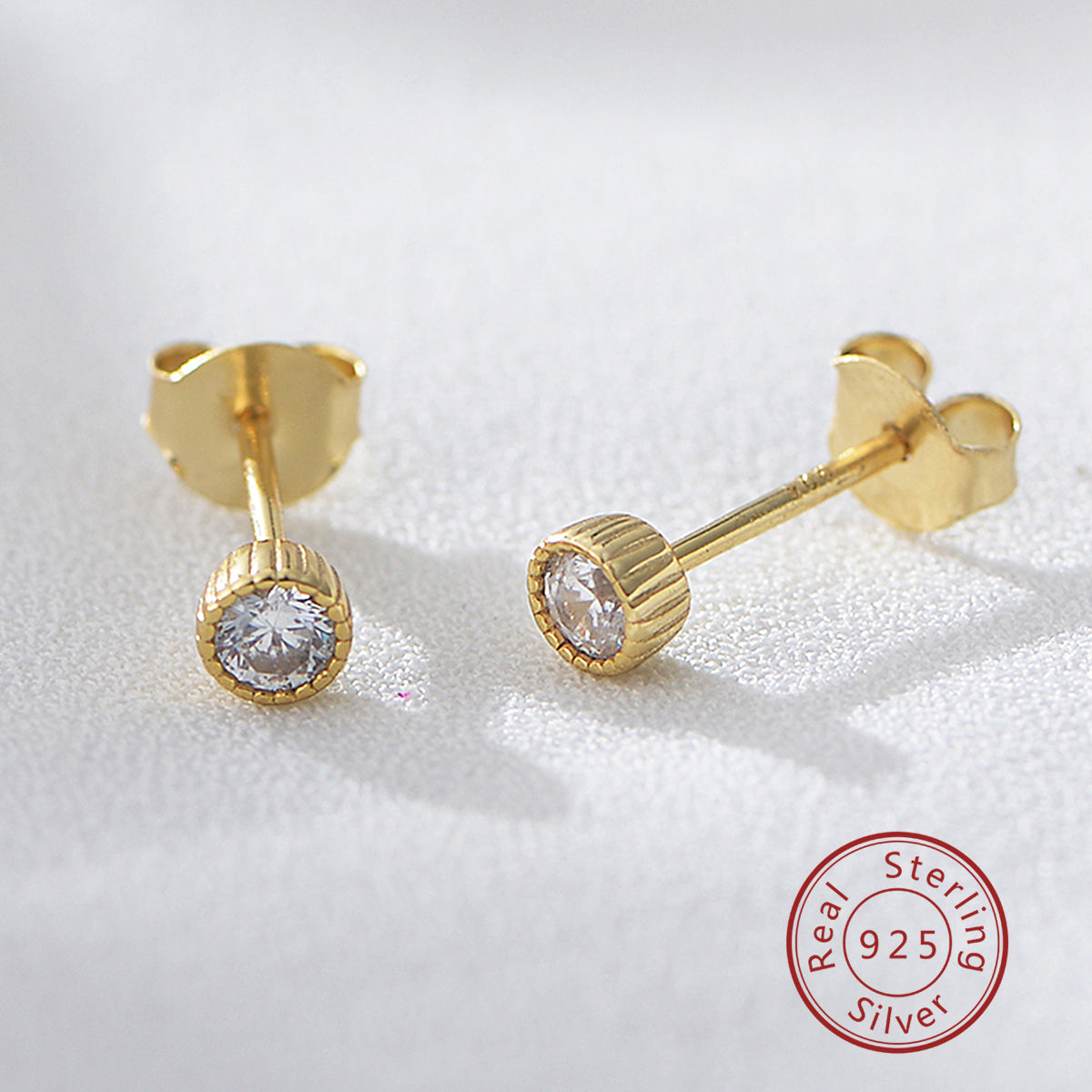 Ins High Quality Minimalist 14K Gold Plated Bezel Setting Zircon 925 Silver Stud Earrings