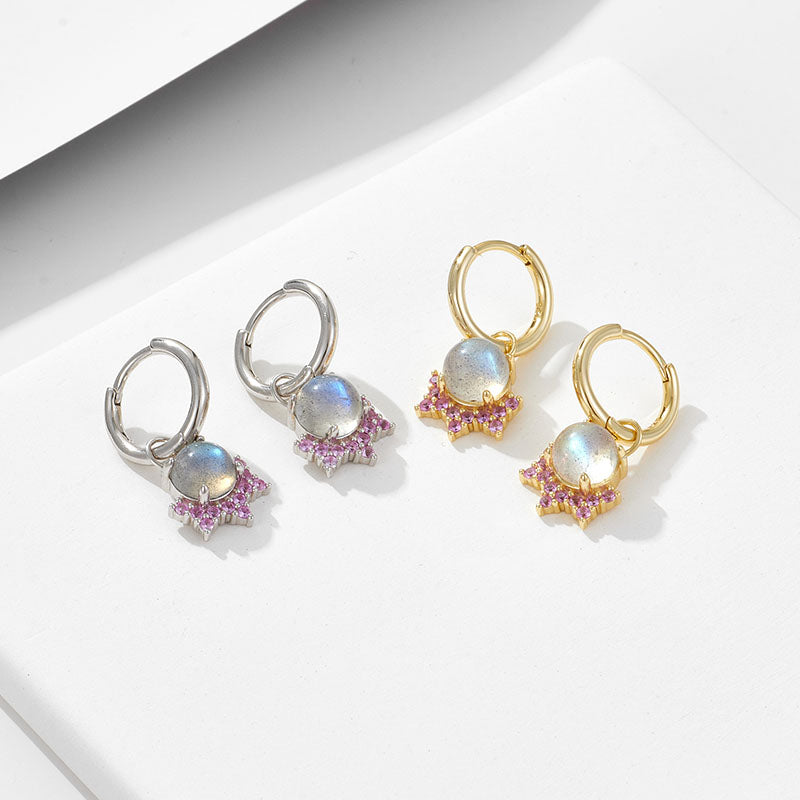 Trendy Crown Zircon Gemstone Jewelry Moonstone Drop Hoop Huggies Earrings