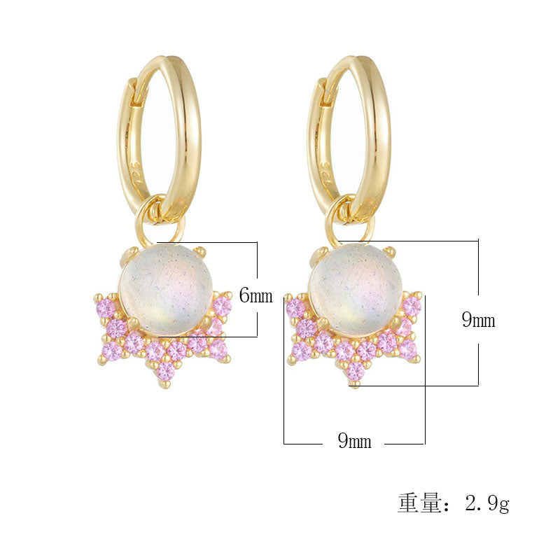 Trendy Crown Zircon Gemstone Jewelry 14K Gold Plated 925 Sterling Silver Moonstone Drop Hoop Huggies Earrings