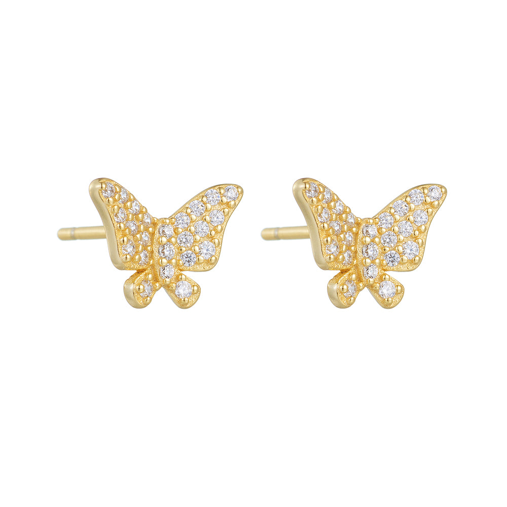 Minimalist Fashion Jewelry 925 Sterling Silver 14K Gold Pave CZ Butterfly Stud Earrings