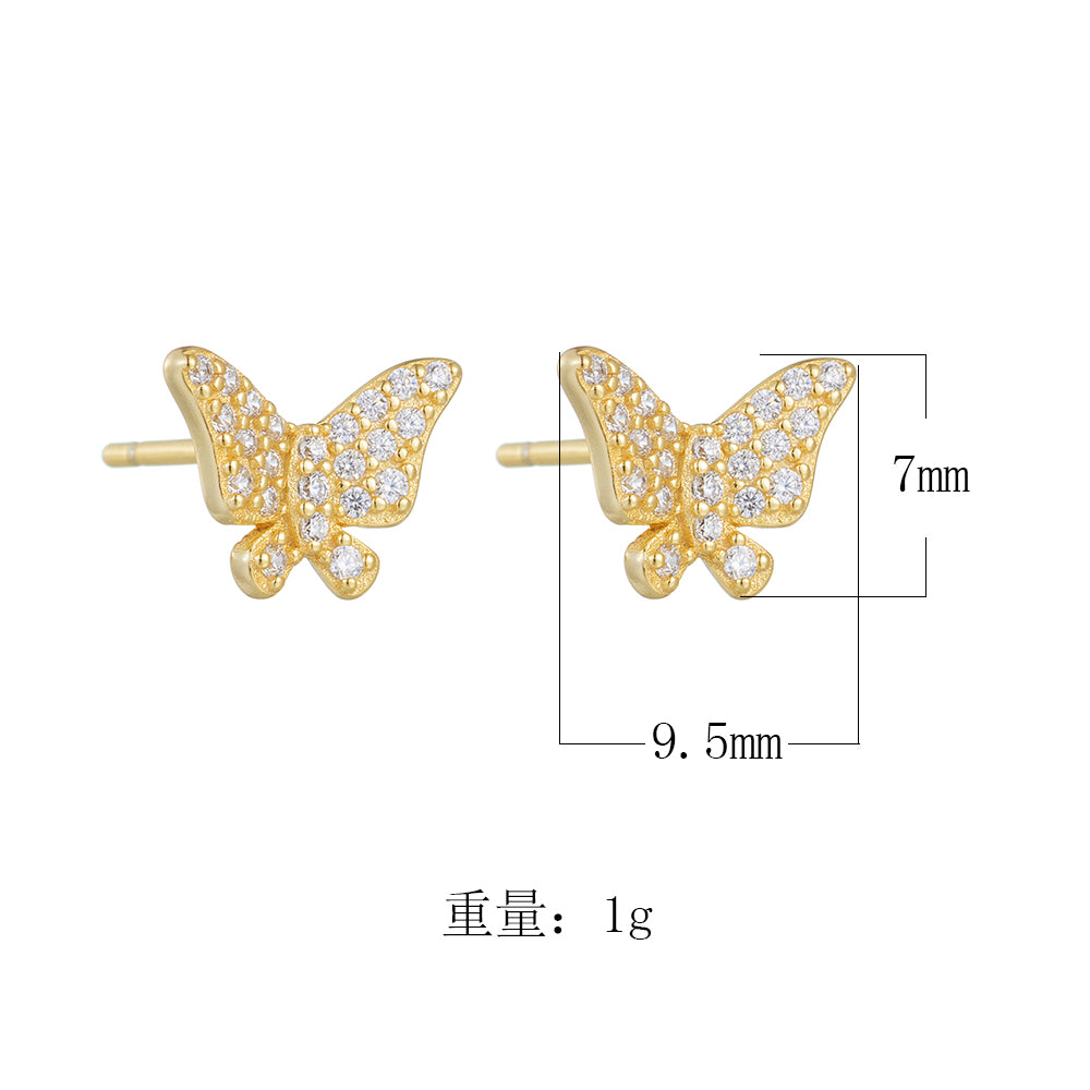 Minimalist Fashion Jewelry 925 Sterling Silver 14K Gold Pave CZ Butterfly Stud Earrings