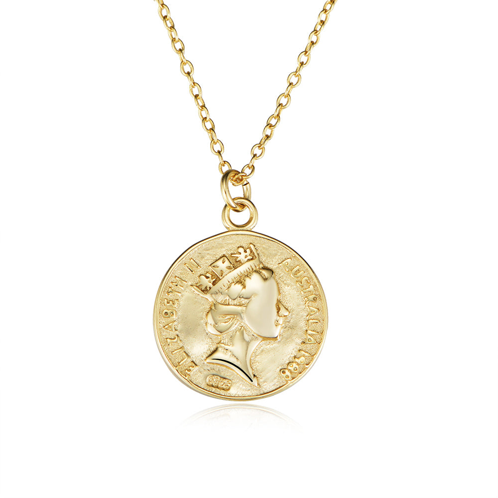 Antique Jewelry 925 Silver Gold Plated Queen Elizabeth Coin Pendant Necklace