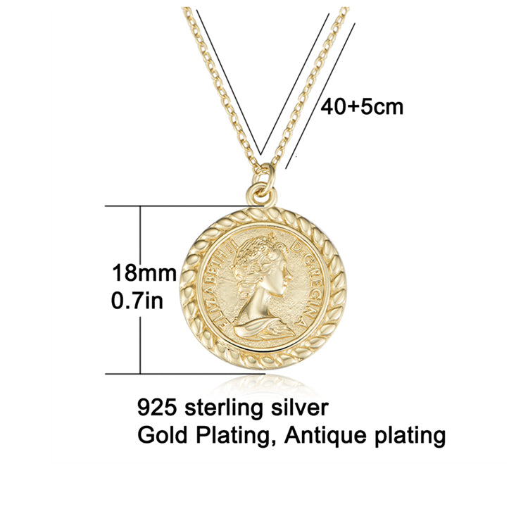 Fashion 925 Sterling Silver 14K Gold Plated Vintage Coin Necklace