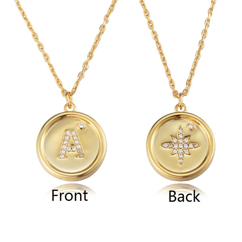 Gold Plated Zircon Two Face Round Pendant a Letter Star Necklace Jewelry