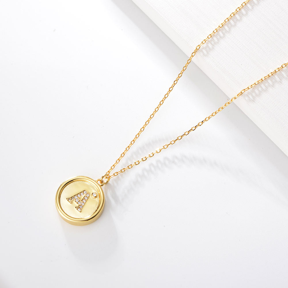 Gold Plated Zircon Two Face Round Pendant a Letter Star Necklace Jewelry