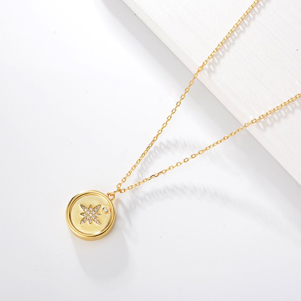 Gold Plated Zircon Two Face Round Pendant a Letter Star Necklace Jewelry