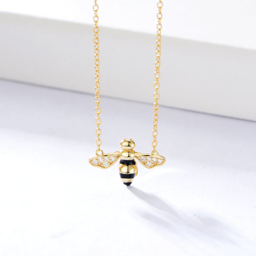 Dainty 925 Sterling Silver Gold Plated Black Enamel Bee Necklace