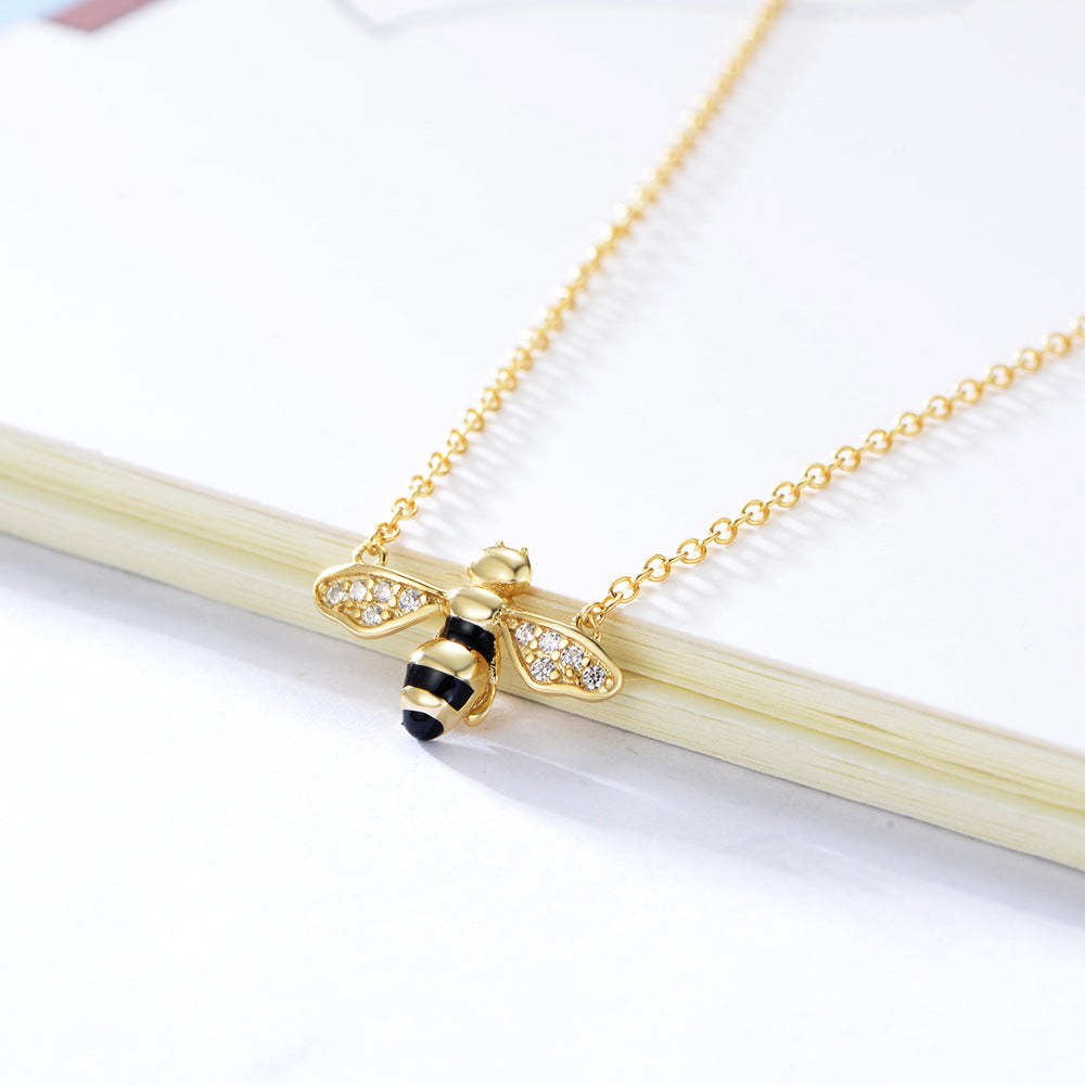 Dainty Gold Plated Black Enamel Bee Necklace