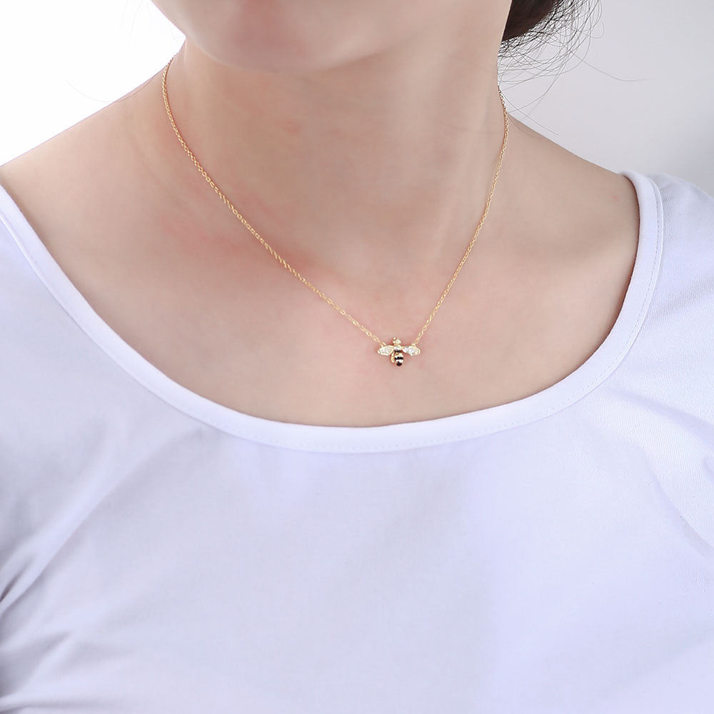 Dainty 925 Sterling Silver Gold Plated Black Enamel Bee Necklace