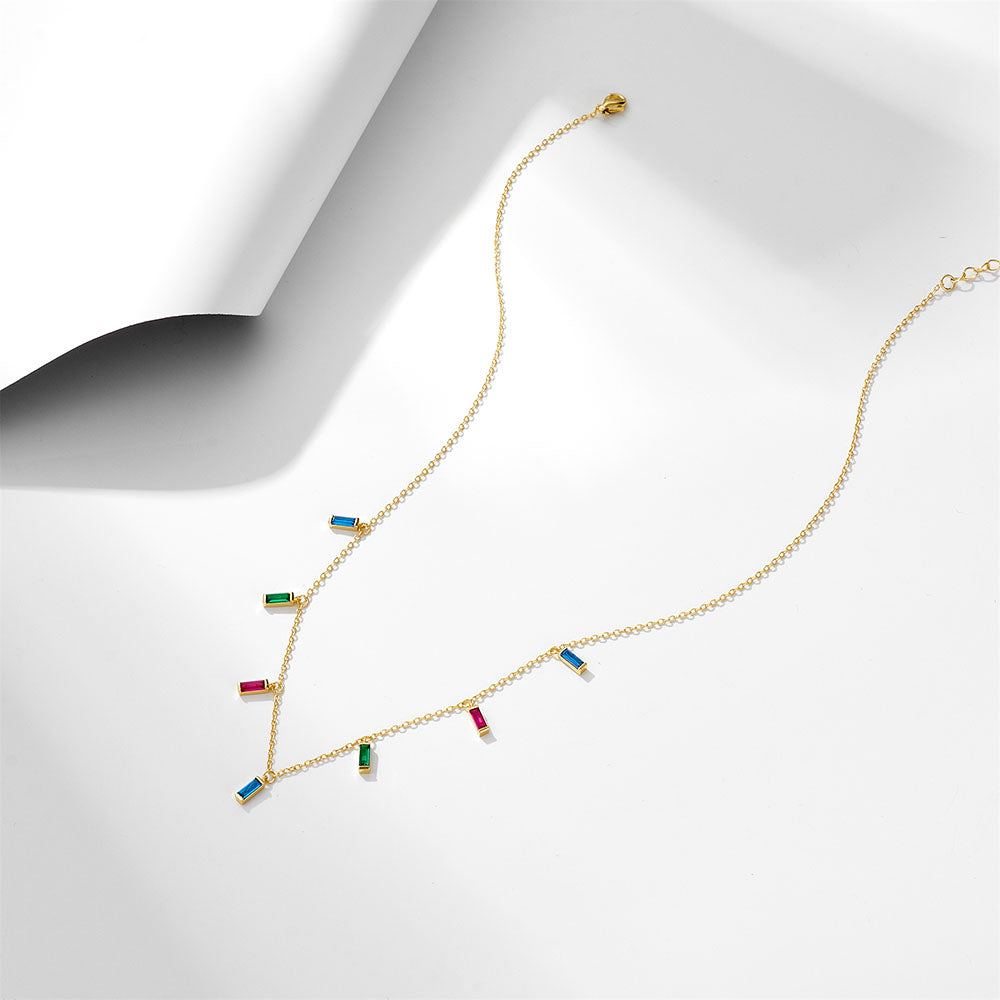 Rectangle Colorful Zircon Charm Choker Gold Plated 925 Sterling Silver Tassel Necklace