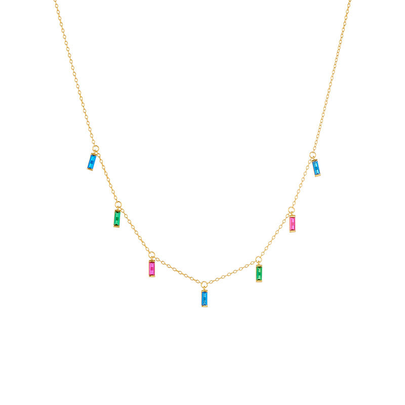 Rectangle Colorful Zircon Charm Choker Gold Plated 925 Sterling Silver Tassel Necklace