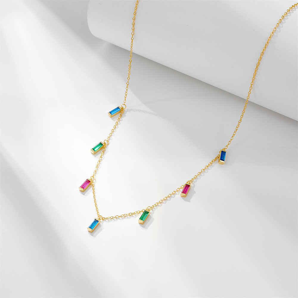 Rectangle Colorful Zircon Charm Choker Gold Plated 925 Sterling Silver Tassel Necklace