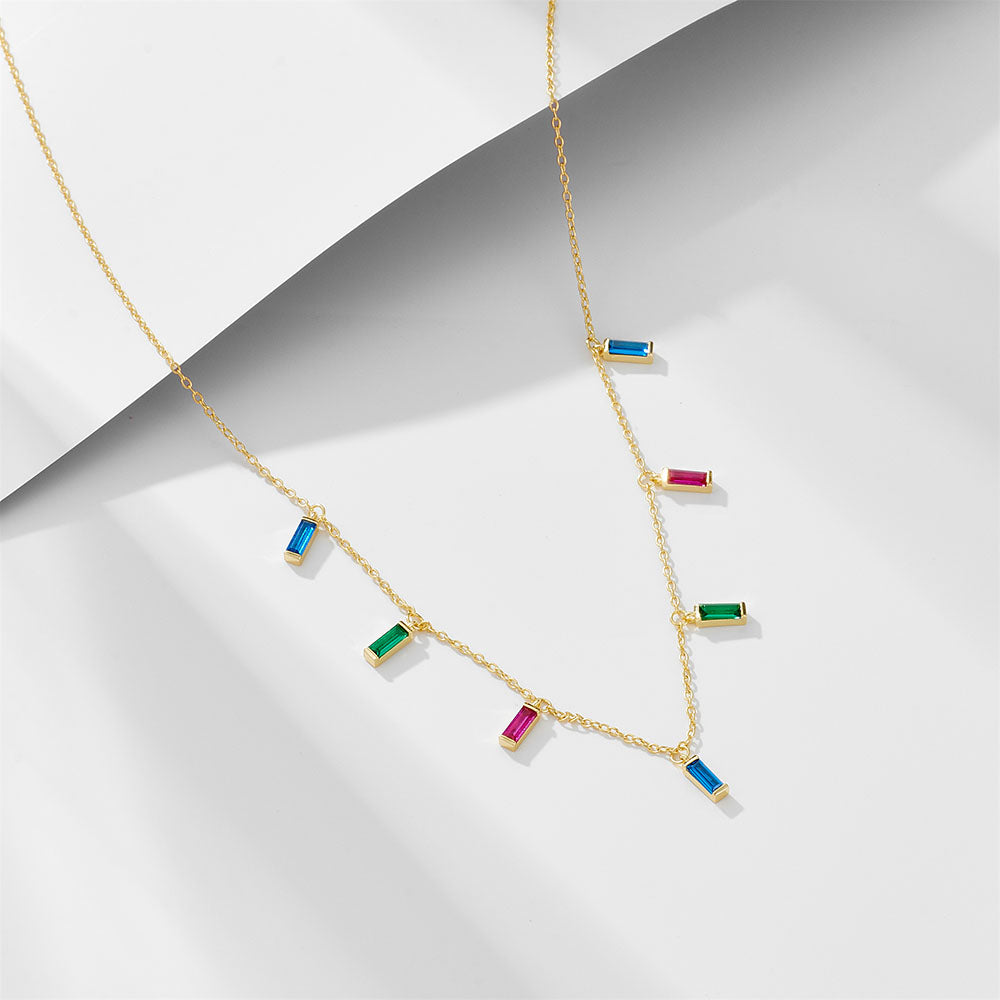 Rectangle Colorful Zircon Charm Choker Gold Plated 925 Sterling Silver Tassel Necklace