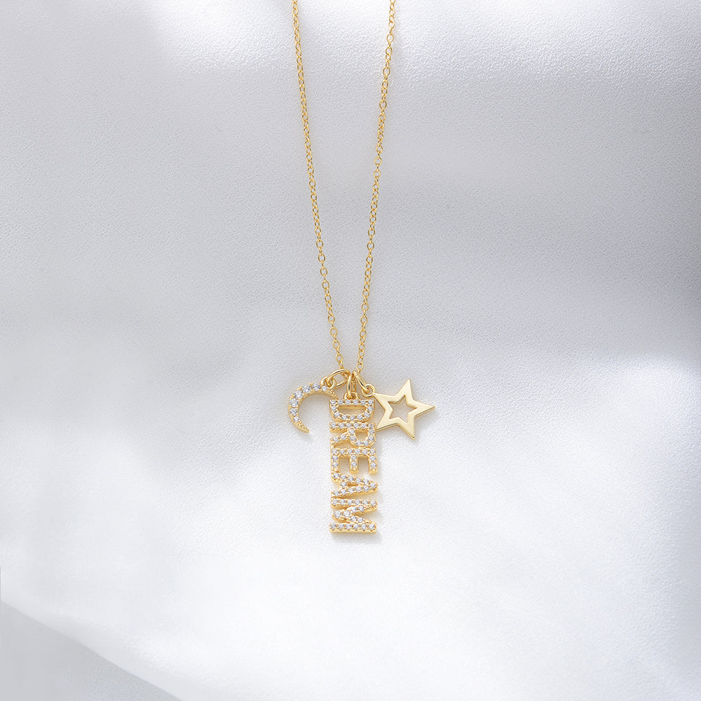 Elegant Gold Plated  Zircon Moon Star Dream Charm Necklace