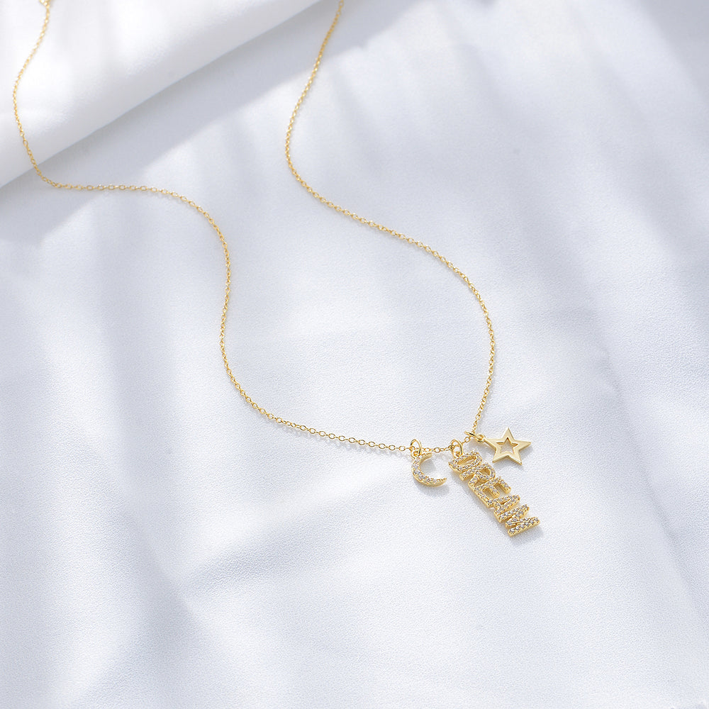 Elegant Gold Plated  Zircon Moon Star Dream Charm Necklace