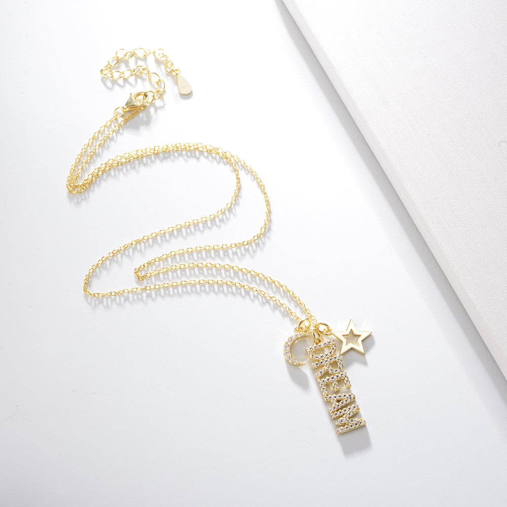 Elegant Gold Plated  Zircon Moon Star Dream Charm Necklace